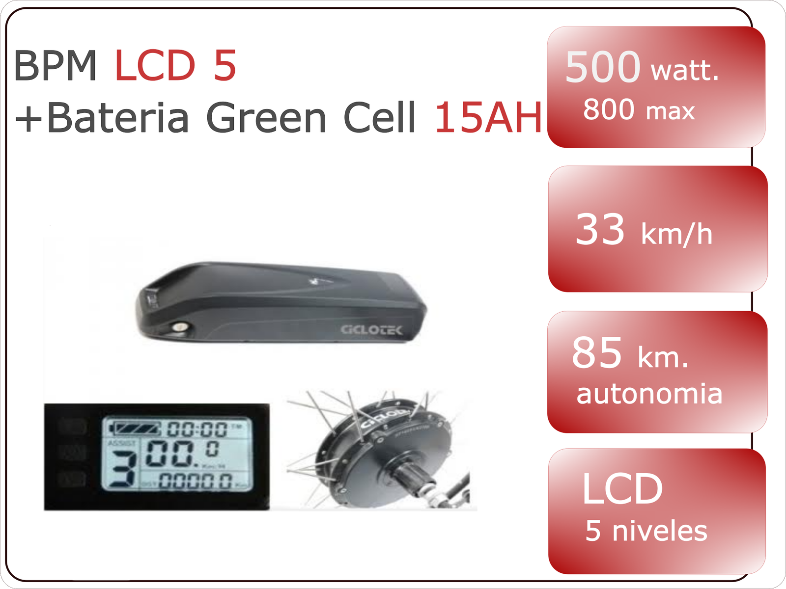 Kit Conversione Bici Elettrica - Kit Ciclotek BPM 500W LCD 5, Batteria Green Cell 14,5 Ah.
