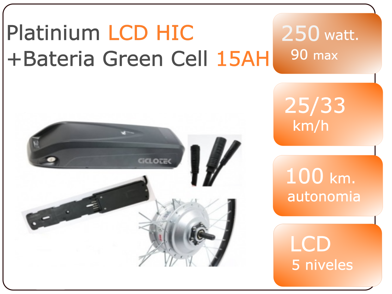 Kit di conversione bici elettrica - Kit Platinum 250W LCD 5, batteria Green Cell 14,5 Ah.